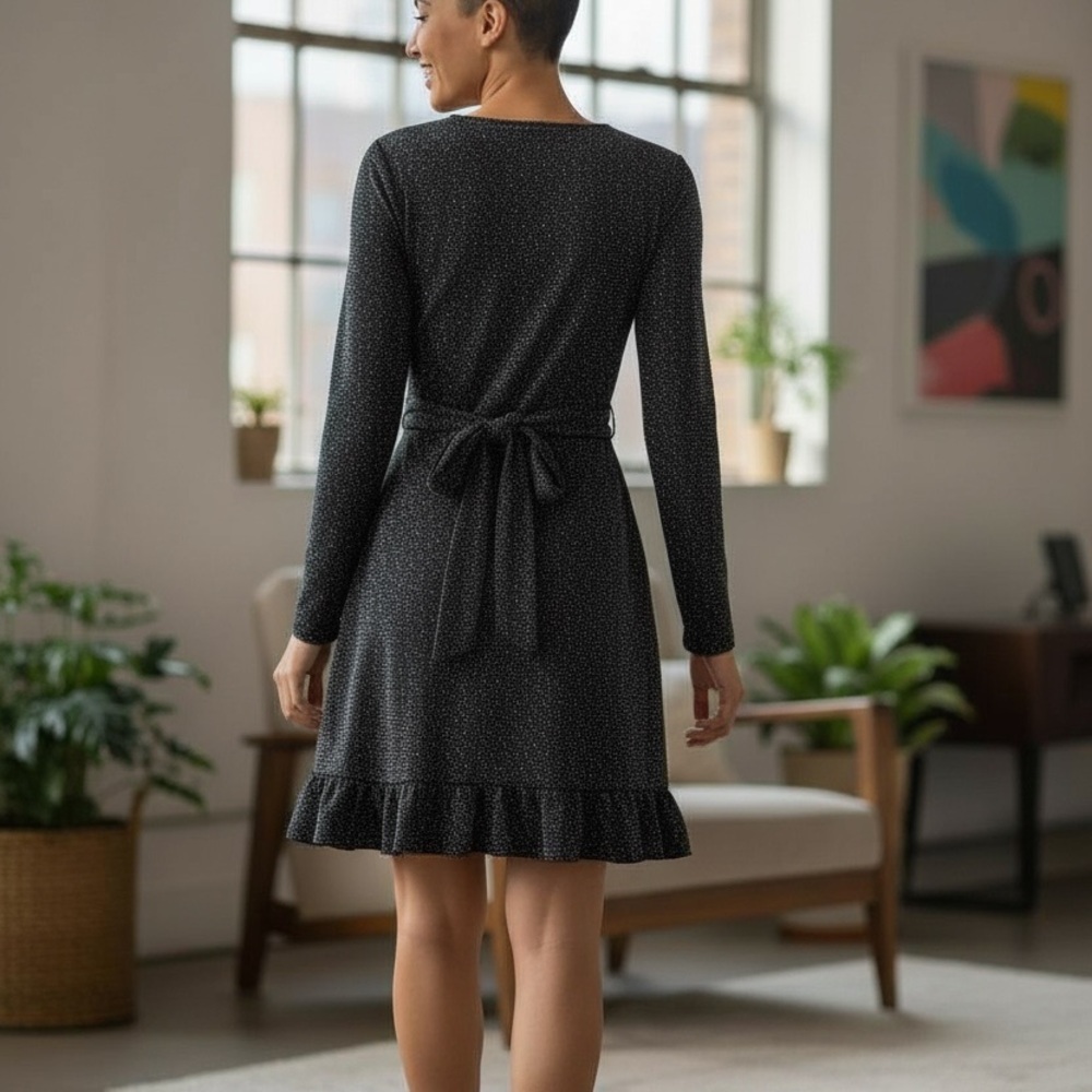 Women’s Sparkly Wrap Dress Long Sleeve V-Neck Ruffle Hem Cocktail Party Dress - Picture 3 of 4